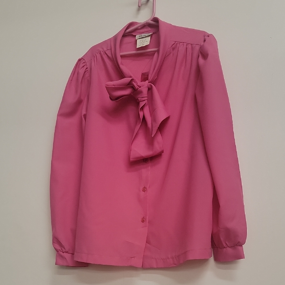 Vintage 70s Secertary Pink Tie Front Blouse with Puff Sleeves Vgc Large/12